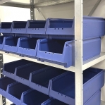 Small parts shelving 2100x1000x500, 32 bins 500x230x150 PPS