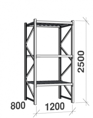 Lagerhylla startsektion 2500x1200x800 600kg/hyllplan,3 hyllor