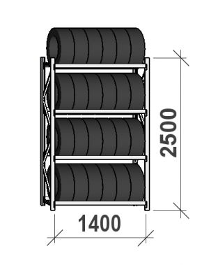 Däckställ startsektion 2500x1400x500, 4 hyllplan,600kg/plan