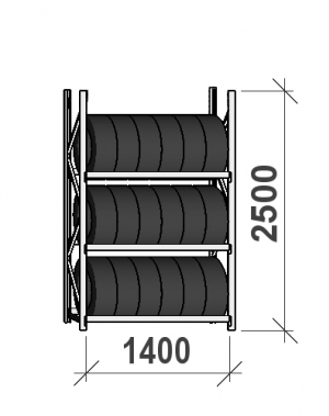 Däckställ startsektion 2500x1400x500, 3 hyllplan,600kg/plan