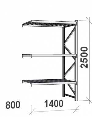 Lagerhylla följesektion 2500x1400x800 600kg/hyllplan,3 hyllor