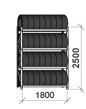 Däckställ startsektion 2500x1800x500, 4 hyllplan,480kg/plan