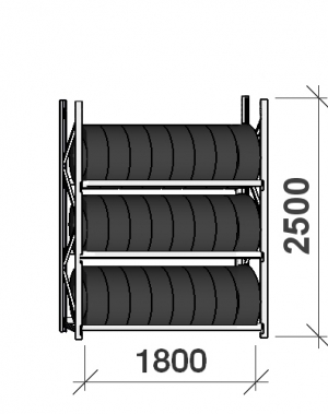 Däckställ startsektion 2500x1800x500, 3 hyllplan,480kg/plan