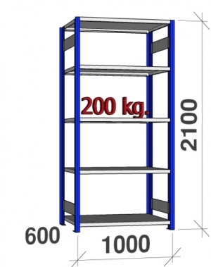 Lagerhylla startsektion 2100x1000x600 200kg/hyllplan,5 hyllor, blå/ljusgrå