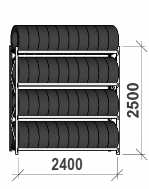 Däckställ startsektion 2500x2400x500, 4 hyllplan,300kg/plan