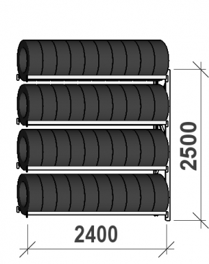 Däckställ följesektion 2500x2400x500, 4 hyllplan,300kg/plan