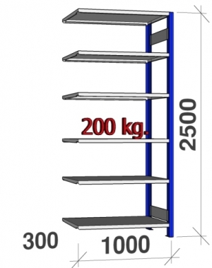 Lagerhylla följesektion 2500x1000x300 200kg/hyllplan,6 hyllor, blå/ljusgrå