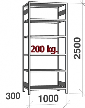 Starter bay 2500x1000x300 200kg/shelf,6 shelves