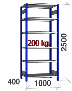 Lagerhylla startsektion 2500x1000x400 200kg/hyllplan,6 hyllor, blå/ljusgrå