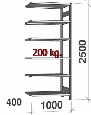 Varastohylly jatko-osa 2500x1000x400 200kg/hyllytaso,6 tasoa