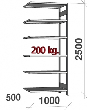 Extension bay 2500x1000x500 200kg/shelf,6 shelves