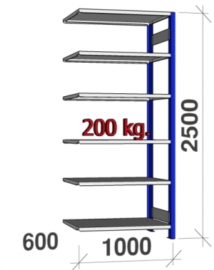 Extension bay 2500x1000x600 200kg/shelf,6 shelves, blue/Zn