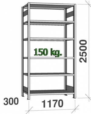 Varastohylly perusosa 2500x1170x300 200kg/hyllytaso,6 tasoa