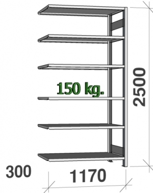 Varastohylly jatko-osa 2500x1170x300 200kg/hyllytaso,6 tasoa