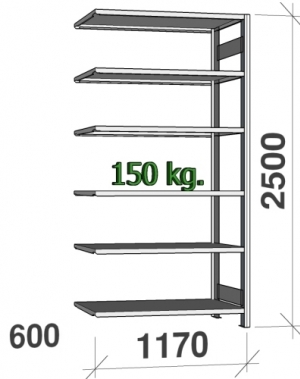 Lagerhylla följesektion 2500x1170x600 150kg/hyllplan,6 hyllor