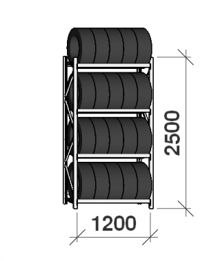 Däckställ startsektion 2500x1200x500, 4 hyllplan,600kg/plan