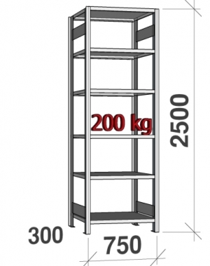 Laoriiul põhiosa 2500x750x300 200kg/riiuliplaat,6 plaati