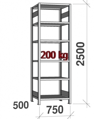 Laoriiul põhiosa 2500x750x500 200kg/riiuliplaat,6 plaati