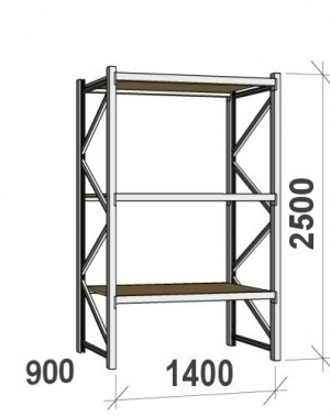 Lagerhylla startsektion 2500x1400x900 600kg/hyllplan,3 hyllor, spånskiva