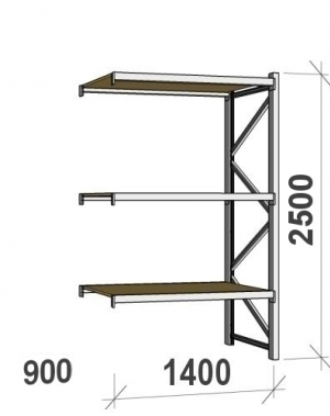 Metallihylly jatko-osa 2500x1400x900 600kg/hyllytaso,3 tasoa lastulevytasoilla