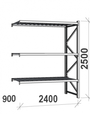 Lagerhylla följesektion 2500x2400x900 300kg/hyllplan,3 hyllor