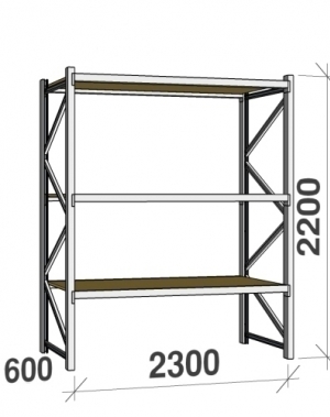 Metallriiul põhiosa 2200x2300x600 350kg/tasapind,3 puitlaast tasapinda kas.