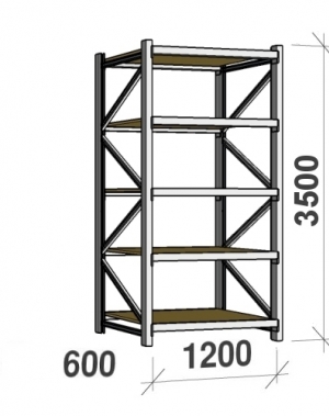 Lagerhylla startsektion 3500x1200x600 600kg/hyllplan,5 hyllor, spånskiva MAXI