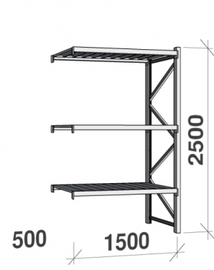 Lagerhylla följesektion 2500x1500x500 600kg/hyllplan 3 hyllor, zinkplåt