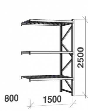 Lagerhylla följesektion 2500x1500x800 600kg/hyllplan 3 hyllor, zinkplåt