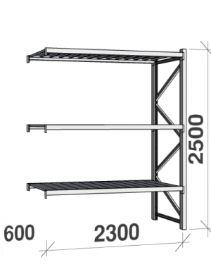 Metallihylly jatko-osa 2500x2300x600 350kg/hyllytaso,3 tasoa peltit