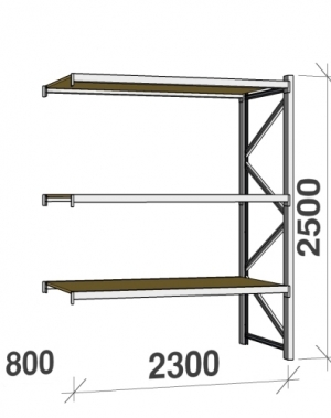 Metallihylly jatko-osa 2500x2300x800 350kg/hyllytaso,3 tasoa lastulevytasoilla