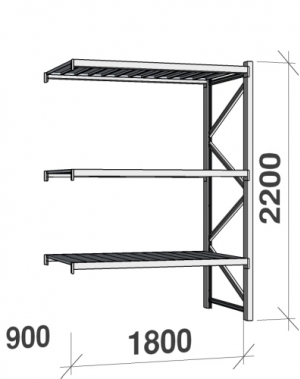 Metallihylly jatko-osa 2200x1800x900 480kg/hyllytaso,3 tasoa peltitasoilla