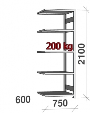 Laoriiul lisaosa 2100x750x600 200kg/riiuliplaat,5 plaati