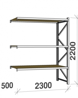 Metallihylly jatko-osa 2200x2300x500 350kg/hyllytaso,3 tasoa lastulevytasoilla