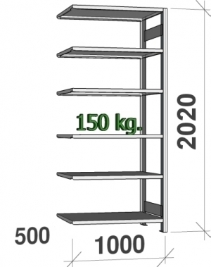 Varastohylly jatko-osa 2020x1000x500 150kg/hyllytaso,6 tasoa ZN Kasten, käytetty