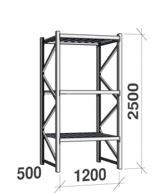 Lagerhylla startsektion 2500x1200x500 600kg/hyllplan,3 hyllor