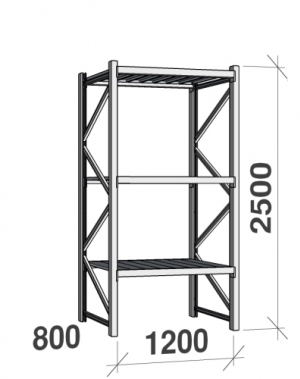 Lagerhylla startsektion 2500x1200x800 600kg/hyllplan,3 hyllor, zinkplåt