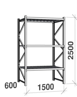 Lagerhylla startsektion 2500x1500x600 600kg/hyllplan,3 hyllor, zinkplåt