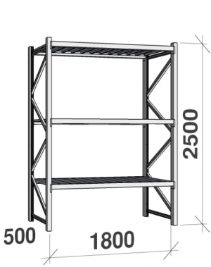 Lagerhylla startsektion 2500x1800x500 480kg/hyllplan,3 hyllor, zinkplåt