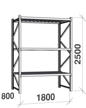 Lagerhylla startsektion 2500x1800x800 480kg/hyllplan,3 hyllor, zinkplåt