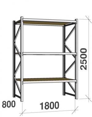 Lagerhylla startsektion 2500x1800x800 480kg/hyllplan,3 hyllor, spånskiva