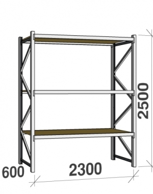 Lagerhylla startsektion 2500x2300x600 350kg/hyllplan,3 hyllor, spånskiva