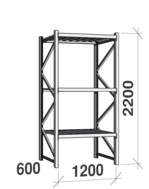 Lagerhylla startsektion 2200x1200x600 600kg/hyllplan,3 hyllor, zinkplåt