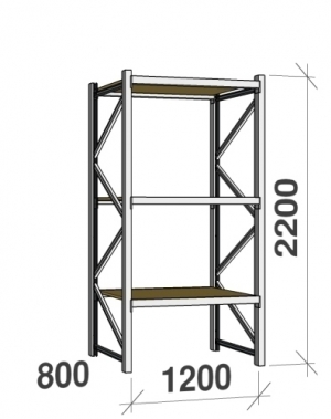 Lagerhylla startsektion 2200x1200x800 600kg/hyllplan,3 hyllor, spånskiva