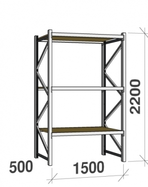 Lagerhylla startsektion 2200x1500x500 600kg/hyllplan,3 hyllor, spånskiva