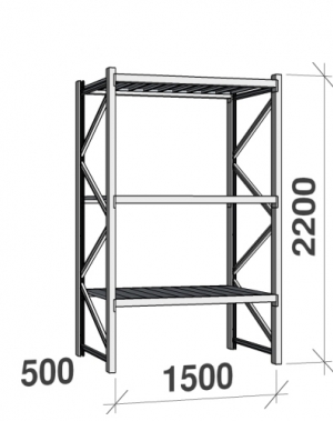 Lagerhylla startsektion 2200x1500x500 600kg/hyllplan,3 hyllor, zinkplåt