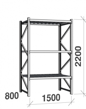 Lagerhylla startsektion 2200x1500x800 600kg/hyllplan,3 hyllor, zinkplåt