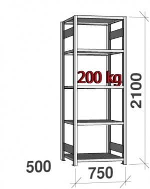 Lagerhylla startsektion 2100x750x500 200kg/hyllplan,5 hyllor