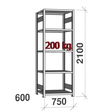 Laoriiul põhiosa 2100x750x600 200kg/riiuliplaat,5 plaati