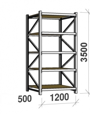 Lagerhylla startsektion 3500x1200x500 600kg/hyllplan,5 hyllor, spånskiva MAXI